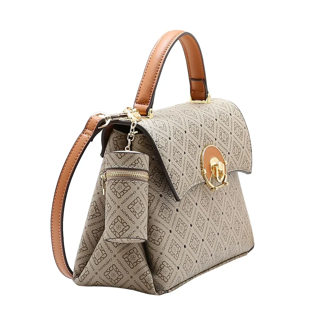 Bolsa Chenson Monograma Luxo bege vista lateral mostrando alças e formato